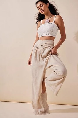 Free People Pack Me Up Pants M Natural Cotton Linen Wide Leg Pull On Boho