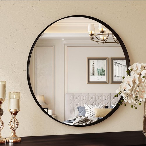 Wall Mirror Bathroom Vanity Mirror Decorative Hanging Round 60/80cm Black Framed - Picture 7 of 14