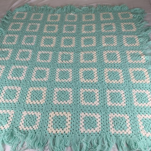Hand-Crochet Granny Square Baby Blanket~Afghan~Mint Green/White~39 x 41 + Fringe