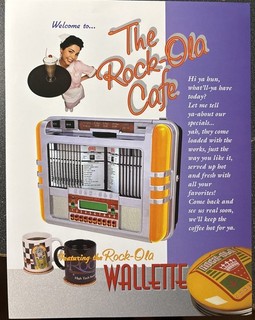 ROCK OLA Wallette 'Rock On Cafe' Jukebox Wallbox Advert Flyer 2002 Box Ship