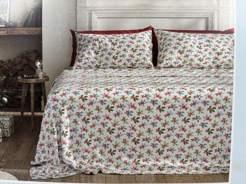 Cath Kidston QUEEN Sheet Set Cotton Percale Christmas Holly White Red Blue Green - Picture 10 of 15