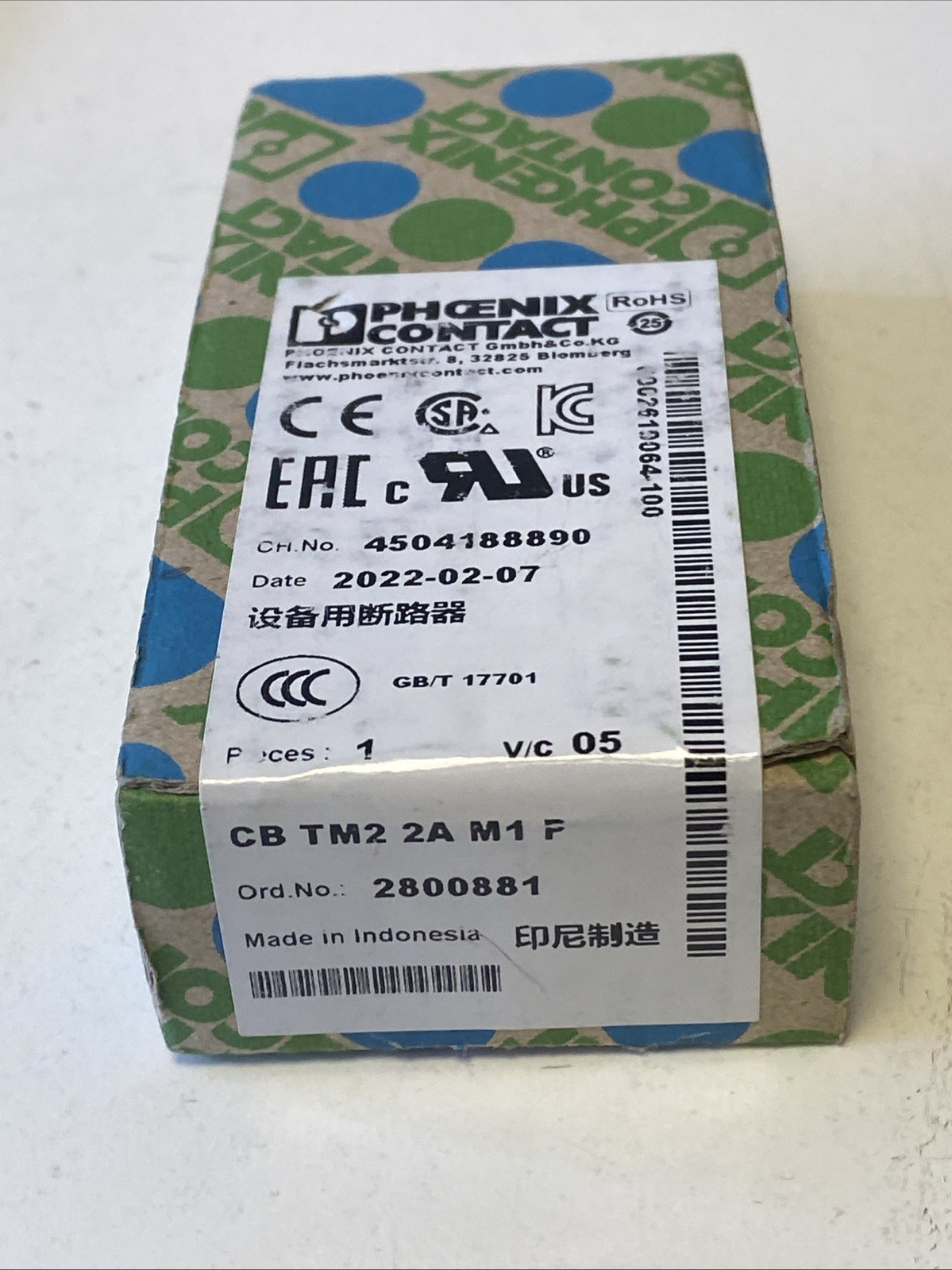 Phoenix Contact 2800881 CB TM2 2A M1 P RCCB Thermal 250V AC 2A 1pc