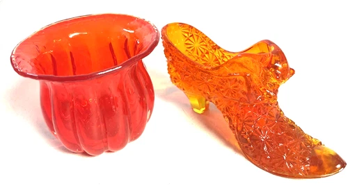 FENTON FIRE ORANGE HOBNAILGLASS CAT HEAD SHOE SLIPPER & Votive Candle Holder