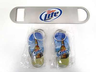 Miller Lite Bartender Bottle Opener w/ 2 Flip Flop Sandals Key Chains NOS