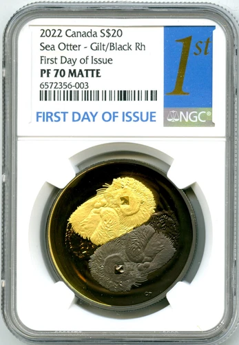 2022 $20 1OZ CANADA SEA OTTER BLACK & GOLD RHODIUM NGC PF70 SILVER PROOF FDI