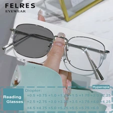 Metal Square Photochromic Classic Reading Glasses Unisex Outdoor Shade Glasses  