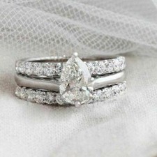 3.27Ct Pear Simulated Diamond Engagement Trio Ring Set 14K White Gold Size 6