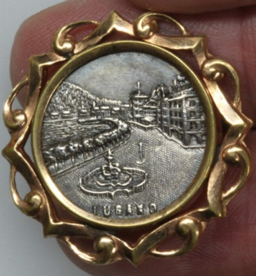 Vintage Brosche Schmuck Souvenir Lugano in goldfarbenen Rahmen gefasst