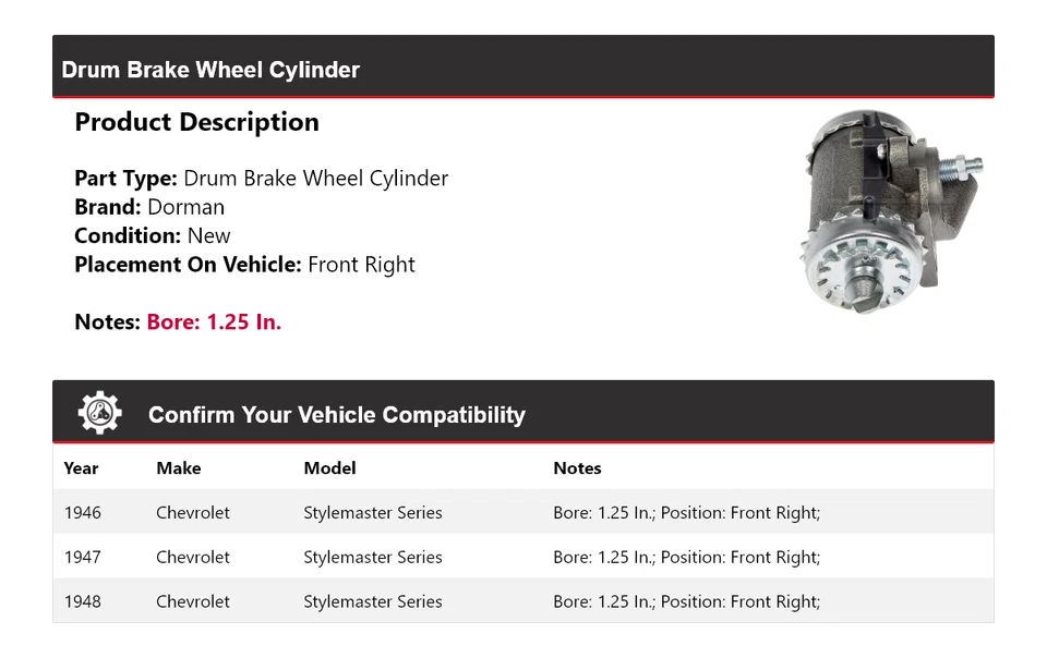 Cilindro de rueda de freno de tambor Dorman serie Chevrolet Stylemaster 1946-1948 1947 Foto 2 de 4