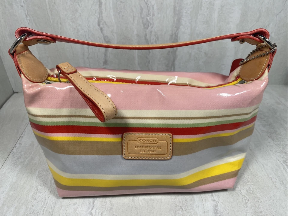Coach Hampton Watercolor Stripe Patent Leather Mini Hobo Baguette