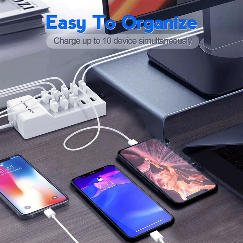 10-Port USB Charging Station for Phones Tablets Multiple Devices  