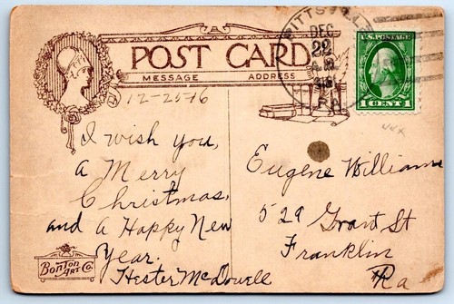1916 BONTON ART CO CHRISTMAS GREETINGS HAPPY GAY BRIGHT THICK RIGID POSTCARD - Picture 2 of 2