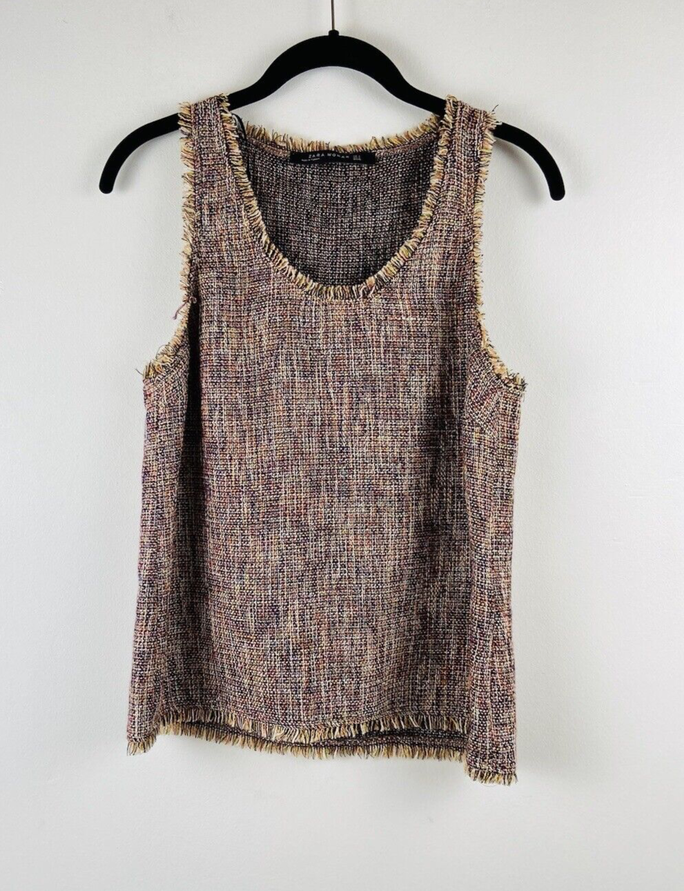 Zara Womens Small Brown Fringe Tweed Boho Peasant Tank Top-image
