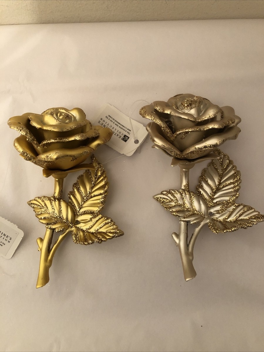 Set of 2 Katherine's Collection Gold/Silver Beauty Rose Ornament