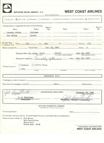 West Coast Airlines Employee Travel Request (1965) 2 Ticket Receipts (1968) - Picture 2 of 2