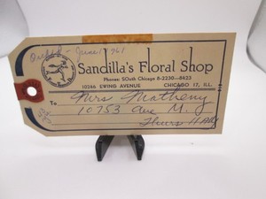 1961 Sandilla's Floral Shop Bouquet Tag, Chicago 17 ILL, 10246 Ewing Ave