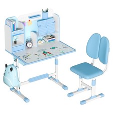 Blue Height Adjustable Kids Study Desk Chair Set w/Sitting Corrector Book Stand