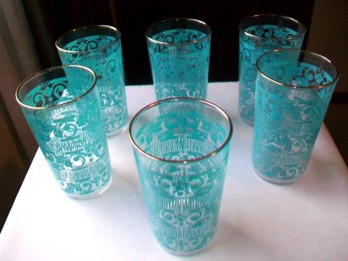 VINTAGE SET OF 6 MCM ANCHOR HOCKING CHANTILY GLASS TUMBLERS AQUA TURQUOISE