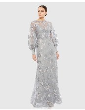Mac Duggal $798 67936 Embellished Illusion High Neck Bishop Sleeve Gown Sz 8 NWT