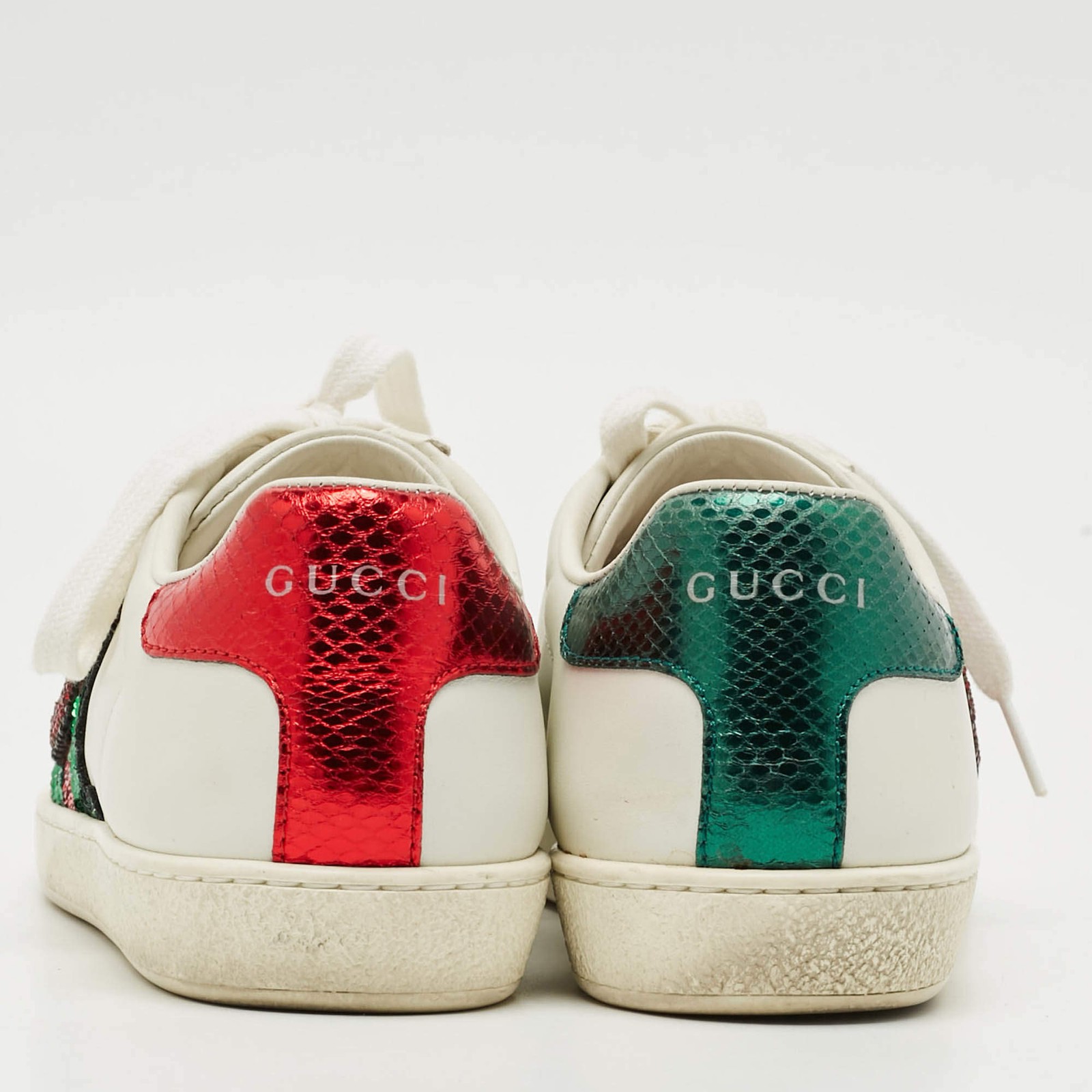 Gucci Ace Size 37 White Leather Python Embossed W… - image 5