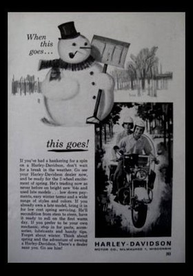 1964 Harley Davidson Motorcycles *When the Snowman Goes* vintage AD