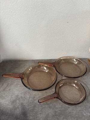 VISION Corning Ware Two 10'' One 7'' Waffle Bottom Frying Pan SKILLET Amber NO Lid
