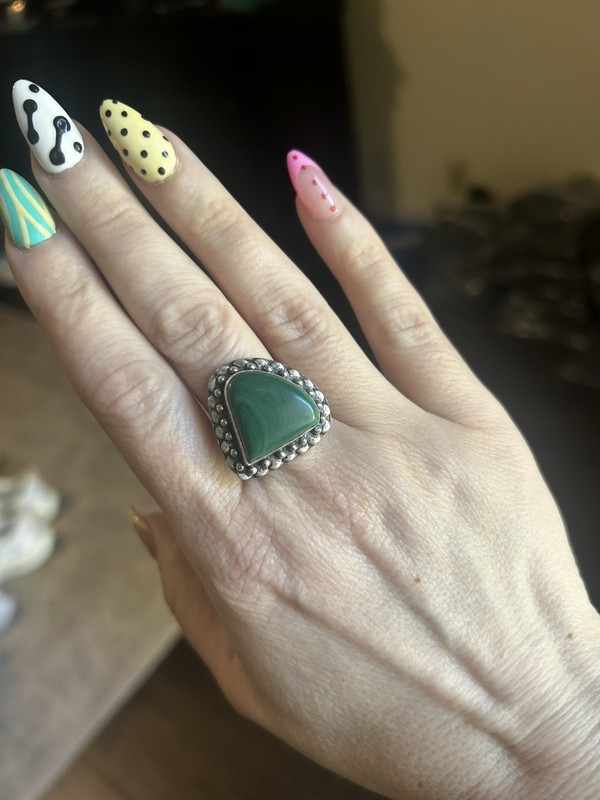 Vintage Malachite Trillion Gemstone .925 Sterling Silver Ring Sz 9 Estate Taxco