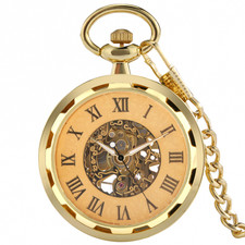 Men's Open Face Mechanical Pocket Watch Hand-Wind Roman Dial w/ Chain Black/Gold