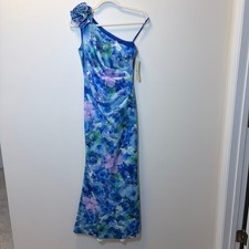 Eliza J Womens One Shoulder Rosette Floral Gown Blue Purple 2P Petite EJ0M1252