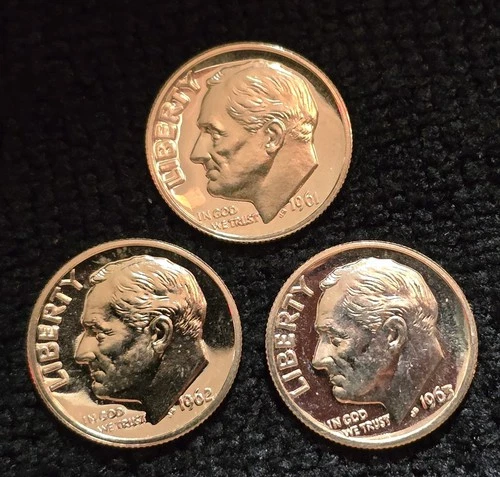 Lot of 3 US Roosevelt 1961 62 63 90% Silver Dimes Very High Quality Uncirculated