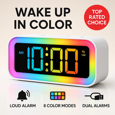 Loud RGB Alarm Clock for Bedrooms Dual Alarm USB Charger Night Light Digital LED