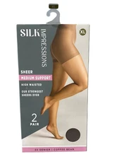 Silk Impressions Pantyhose Size XL Sheer High Waisted Medium Support 2 Pack NEW