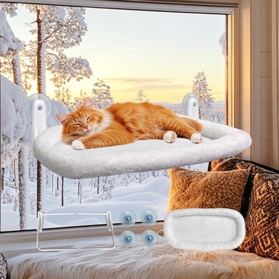 L&W BROS. Cat Window Perch Cushion Bed Hammock with 4 M, White and Gray