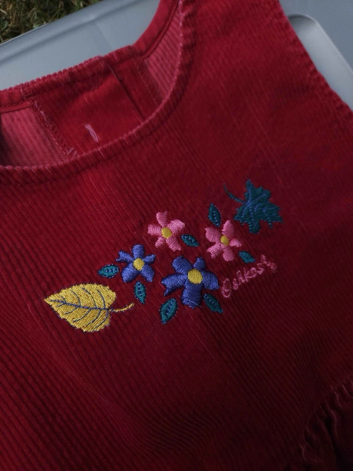 Vintage 80s Oshkosh Red Corduroy Dress Floral Girls 6 Made In USA Rare Fall - Image 3 of 4