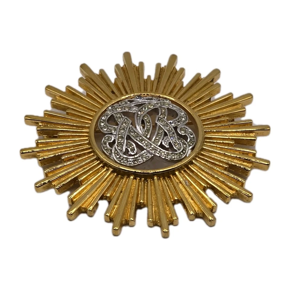 Monet Goldtone Rhinestone Starburst Coronet Royal Insignia Brooch Pin Large