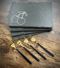 Cherries Engraved Dessert SLATE plates set of 4 with Gold Forks, Birthday Gift