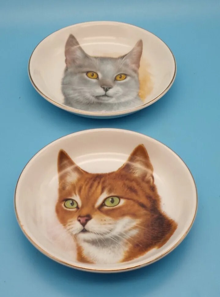 Vintage Crown Staffordshire 2 Kitty Cat Bone China Plate England Gold Rim 4.25