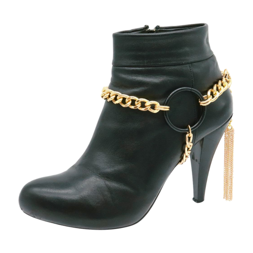 Chaîne femme métal doré 2 bottes bracelet chaussure cercle noir breloque gland moto - Photo 15/24