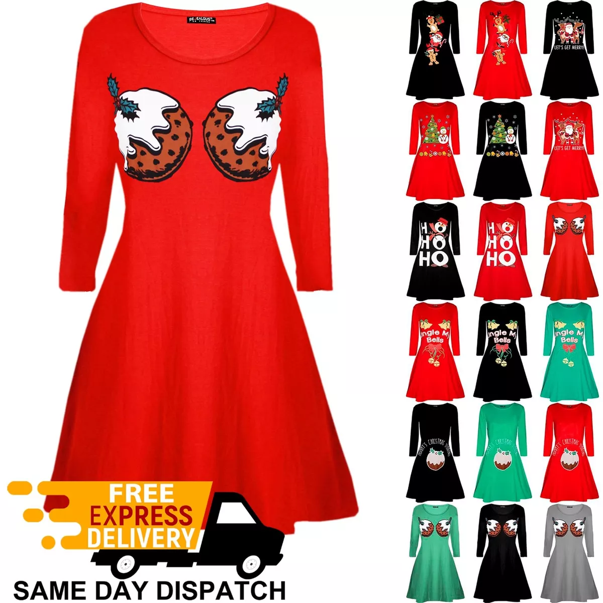 Womens Ladies Christmas Pudding Cup Cakes Boobs Funny Novelty Swing Mini Dress