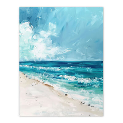 Ocean Waves on Sandy White Beach Oil Painting Wall Art Poster Print