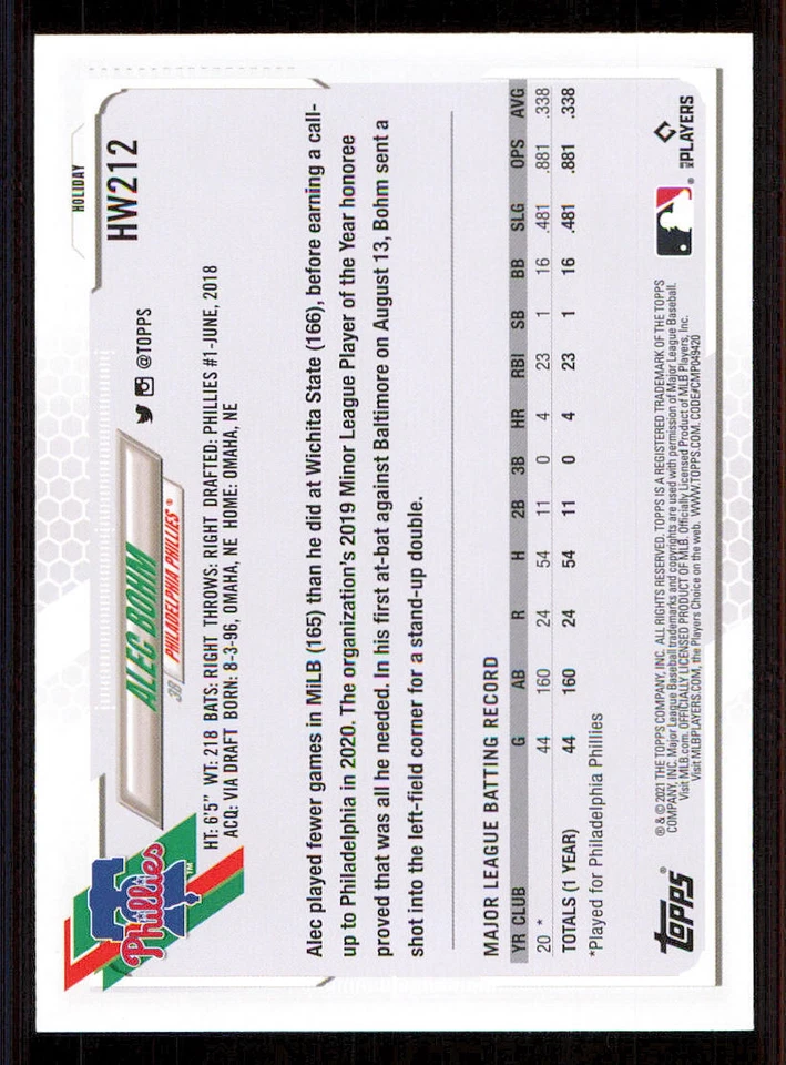 2021 Topps Walmart Holiday #HW212 Alec Bohm RC - Image 2 of 2