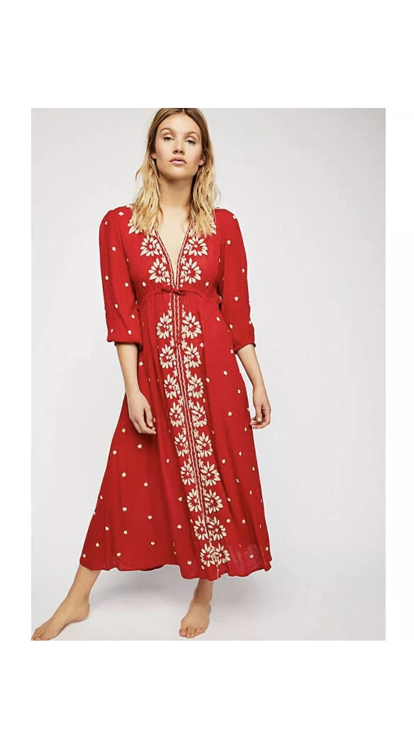 NWT Free People Embroidered Fable Midi Dress XS Rock N Roll Red Combo