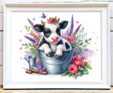 Cow Wall Art Print, Cow in a Bucket Print, Farmhouse Art Home Decor Print 100
