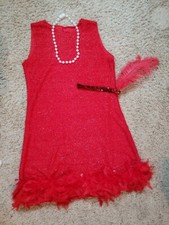 Halloween Red Sparkly Flapper 1920s Costume Party Dress Sz L Feather Headpiece