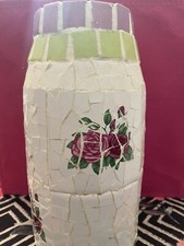 CUTE Tile Handmade Mosaic Floral Roses Vase White Green Purple 9  X 4.5  B