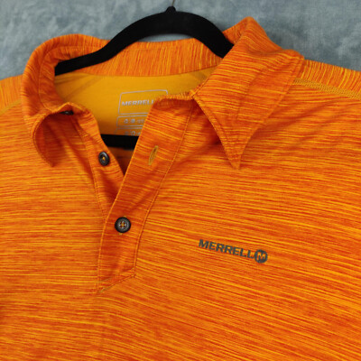 Merrell Polo Shirt Men M Orange Striped Opti-Wick UPF 20 Outdoors Hiking Golf