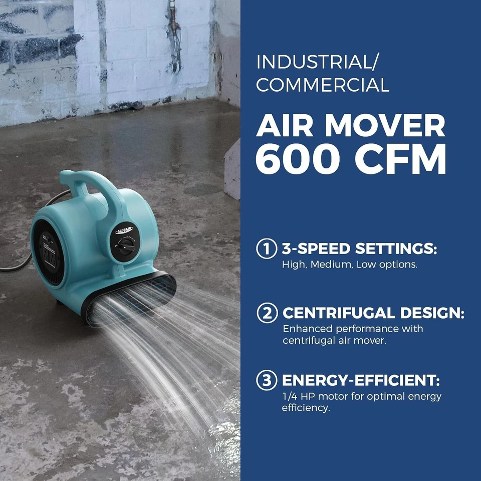 ALORAIR 4 Packs 600 CFM 3 Speed Air Mover Carpet Dryer Floor Fan Blower Blue - Image 3 of 4