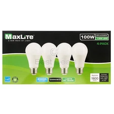 4 Pack- Maxlite Dimmable LED 13W Daylight Light Bulb A19 100W replacement 5000K
