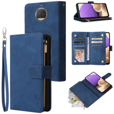 For Moto G5S Plus Wallet Case Zipper Pocket Flip Card Wrist Strap Kickstand Case