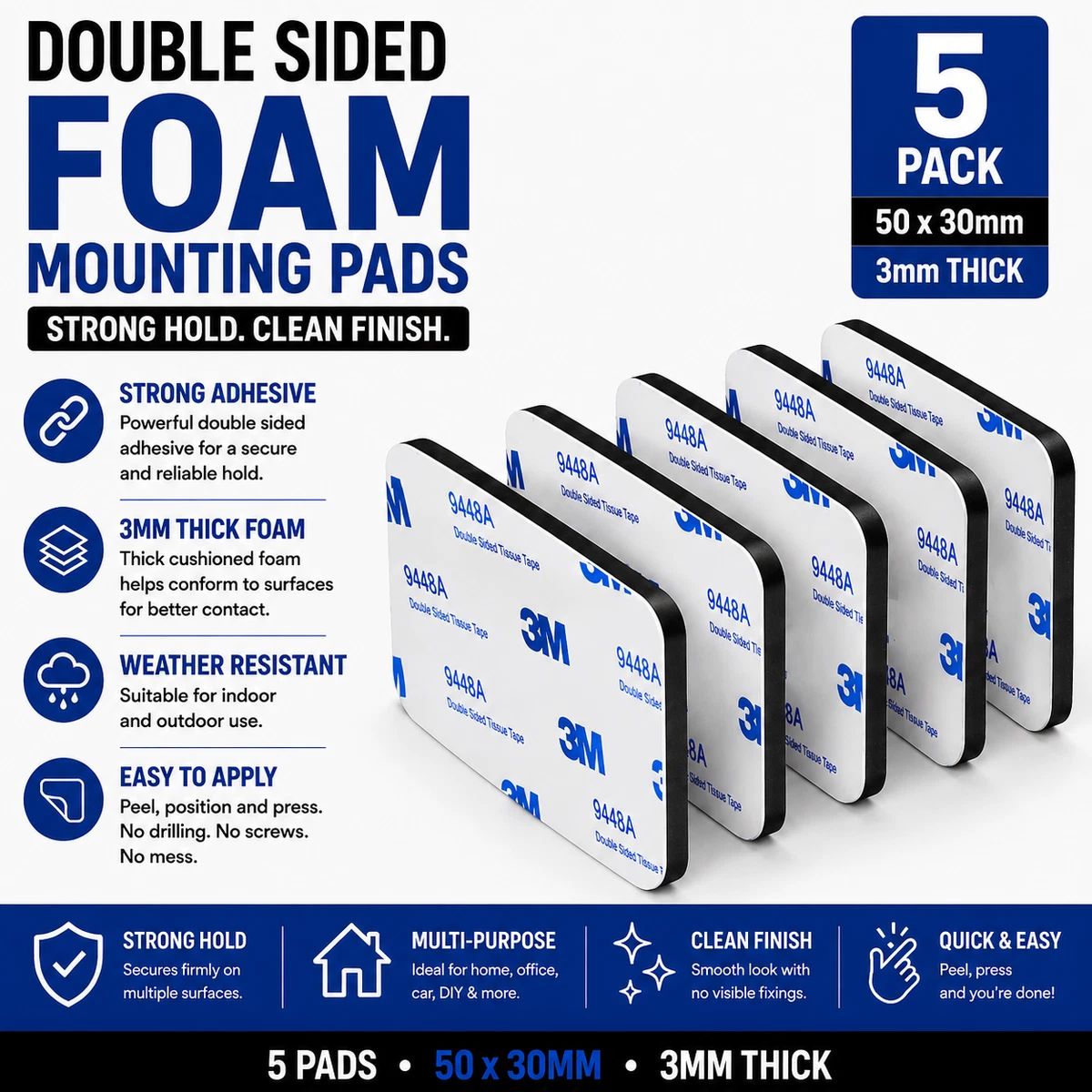 Almohadillas adhesivas de espuma de doble cara almohadillas de montaje adhesivas fuertes 50x30 mm paquete de 5